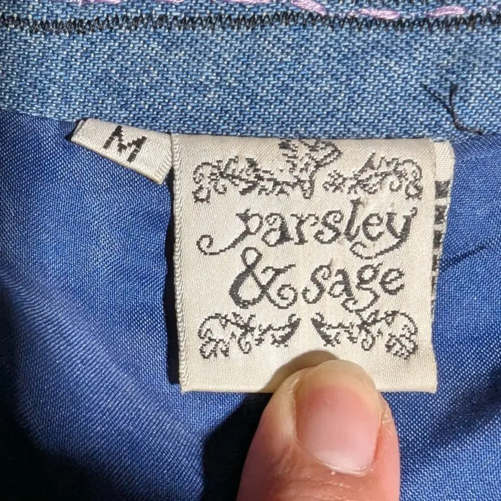 Vtg 1990s Parsley & Sage Botanical Floral Embroidered Button Up Denim Jacket M